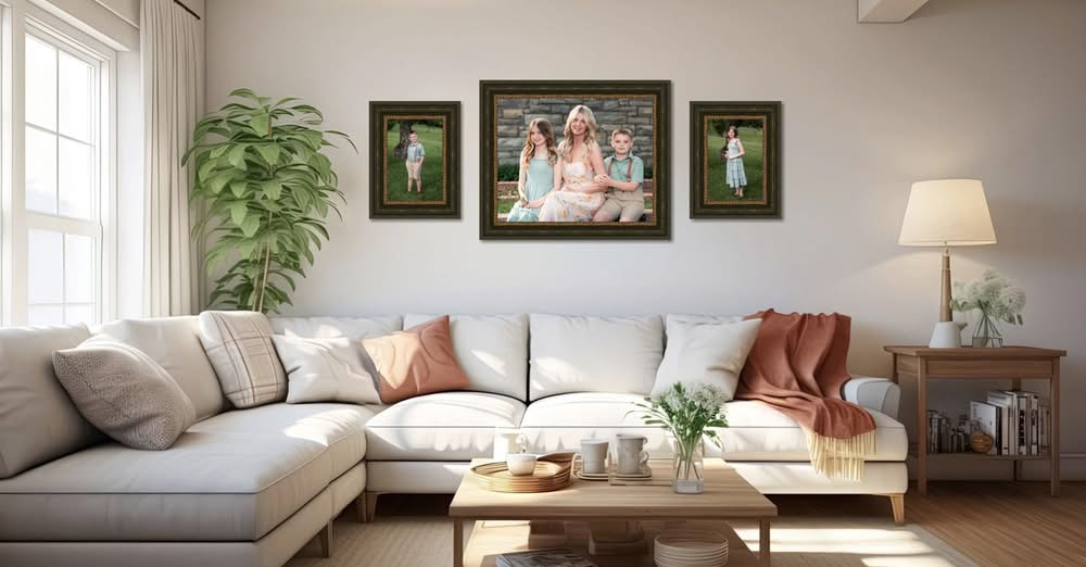 A Blackwater family portrait collection framed as wall art above a sofa in an Ohio Valley home