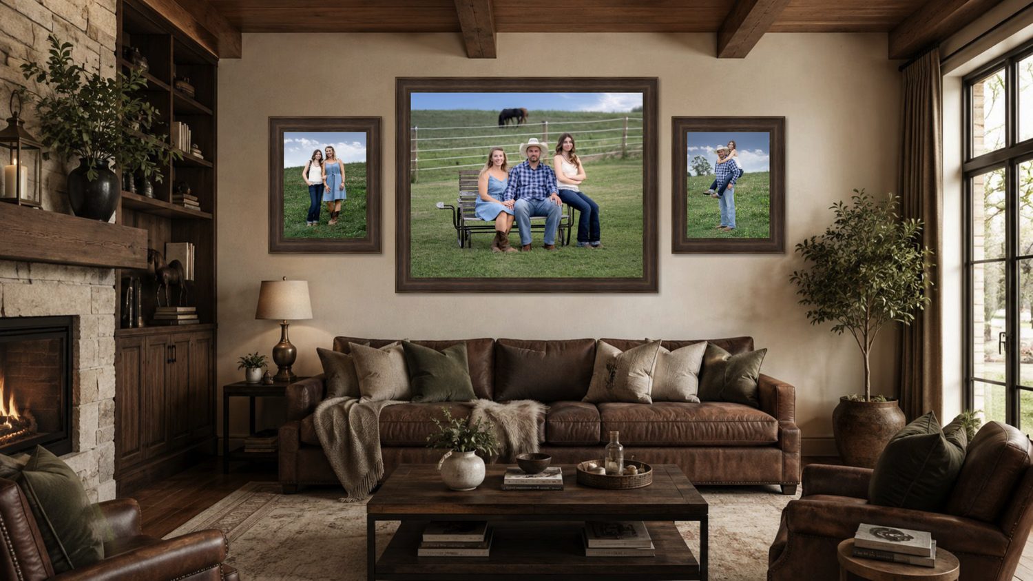 A Blackwater fine art family portrait collection displayed as framed wall art above a leather sofa in a warm, rustic living room