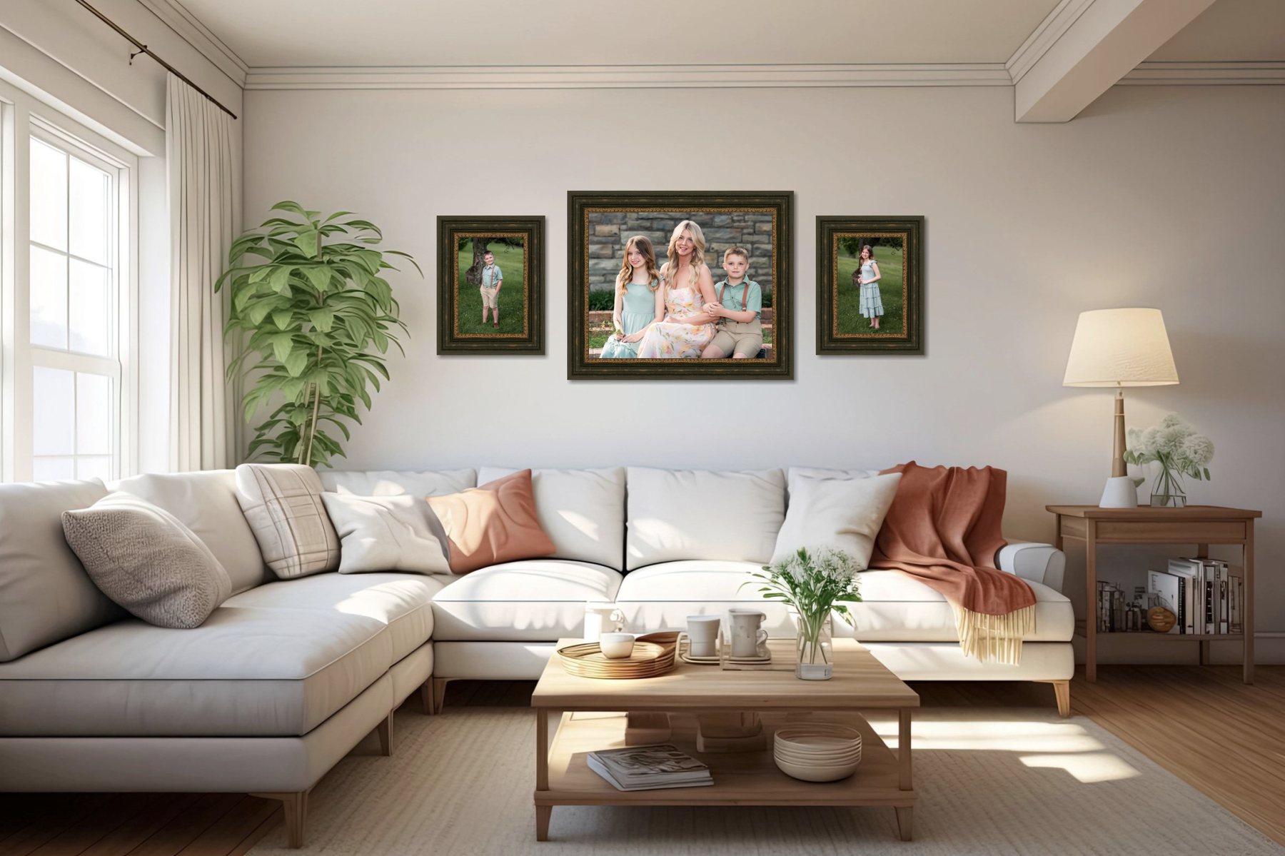 A framed fine art family portrait collection hanging above a living room sofa, created by Blackwater Fine Art Portraits in Bellaire, Ohio