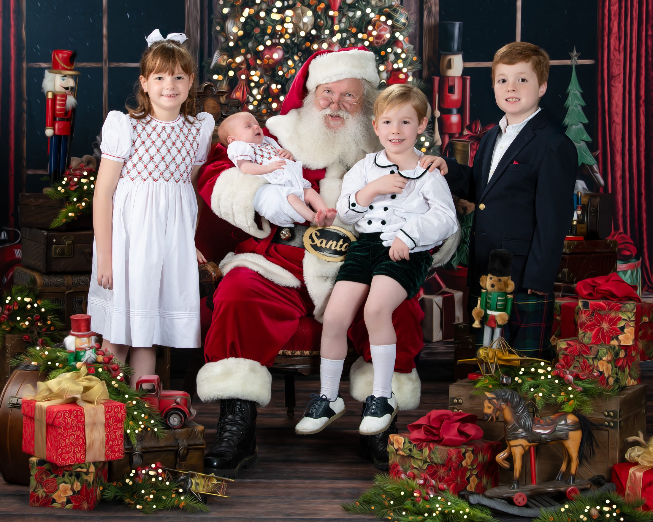 Children gathered around Santa before a glowing Christmas tree, a Blackwater fine art Santa portrait